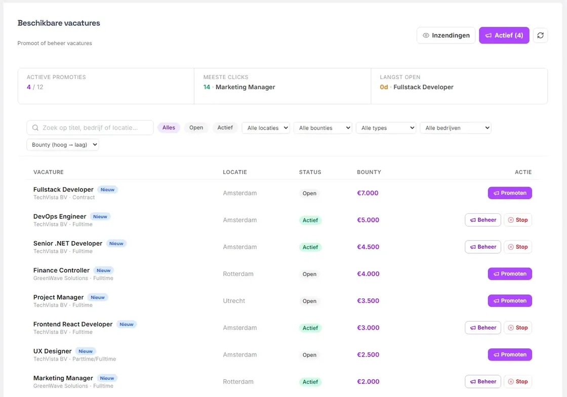 Recruiter marketplace met open vacatures, bounty bedragen en Promoten-knoppen